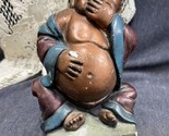 Rare Vintage Chalkware Lucky Buddha 7.5&quot; Tall 4”Base Hand Over Mouth - $28.71