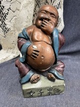 Rare Vintage Chalkware Lucky Buddha 7.5&quot; Tall 4”Base Hand Over Mouth - £22.48 GBP