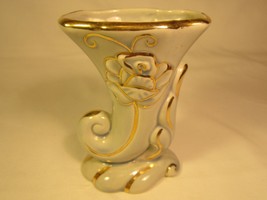 Vintage Ceramic Pottery 4.5&quot; Blue American Bisque Cornucopia 22K Gold Trim [D1] - £11.47 GBP