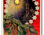 Joyous Natale Pino Bough Notte Chiesa Campanile Dorato Goffrato DB Carto... - $6.10