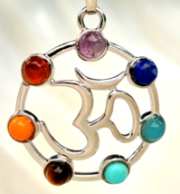 Om Pendant 7 Chakra Necklace Gemstone OM Aum 925 Silver Plated Beaded Tie Cord - £6.95 GBP
