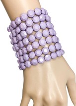 2.75" Wide Lavender Beads Gold Tone Statement Stretchable Casual Bracelet - £11.72 GBP