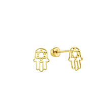 14K Yellow Gold Mini Small Hamsa Hand Star Of David Screw Back Stud Earrings - £54.96 GBP