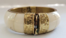 Vintage Brass &amp; Bone Hinged Pinned Cuff Bracelet Costume Jewelry - $18.81