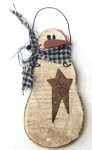 Rustic Snowman Christmas Ornament Blue White Check Scarf Wood 1990s Vintage - $12.30