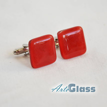 Cufflinks handmade painted glass - red, square - $24.90