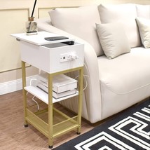 Szlhanjz Modern Nightstand, White Nightstand With Charging Station,, Gold White - £39.39 GBP