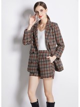 Female High Quality Plaid en Suit Two Piece Sets High Waist  Blends Blazer Jacke - £139.38 GBP