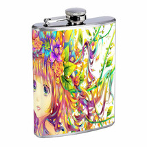 Flower Hair Anime Girl Em1 Flask 8oz Stainless Steel Hip Drinking Whiskey - £11.83 GBP