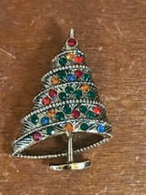 Vintage BJ Signed Colorful Rhinestone Encrusted Slanted Goldtone Christmas Tree - £12.19 GBP