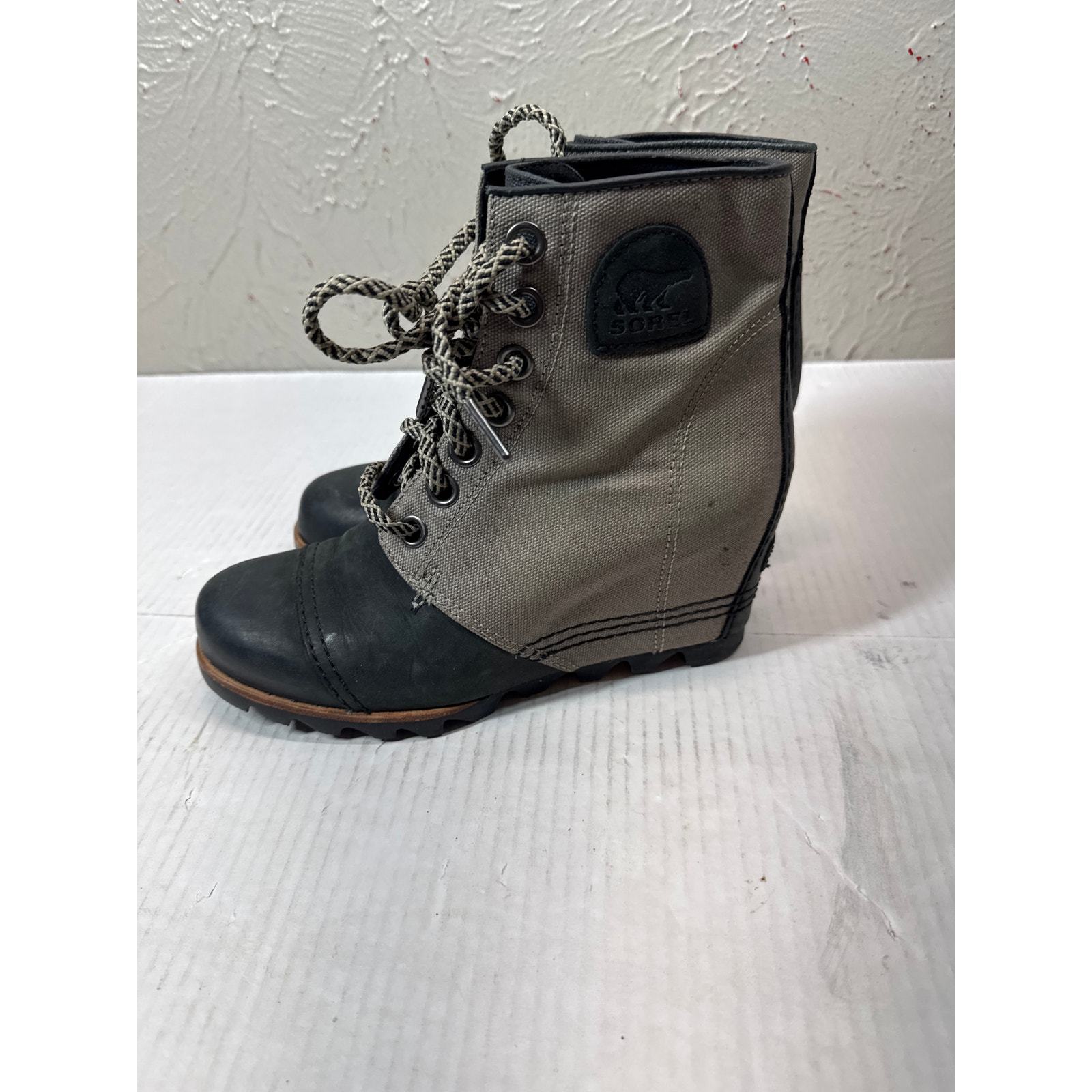 Sorel Women's PDX Boot Wedge Lace Up Bootie Black Leather Tan Canvas Size 8 Item image 2