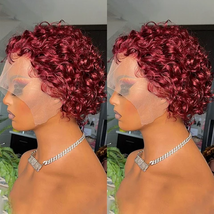 Burgundy wine red curly short pixie human hair lace front wig - £176.52 GBP