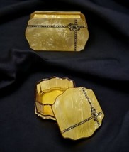 Art Deco Vanity Set Trinket Box &amp; Amber Glass Powder Jar Celluloid Bakel... - £55.38 GBP
