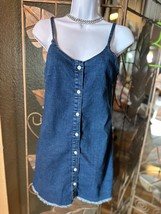 Blue Denim Jean Spaghetti Strap Frayed Bottom Bodycon Dress Button Down Small - £10.46 GBP