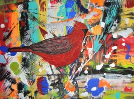 Painting Cardinal Original Signed Realism Bird Abstract Nature Scenery Landscape - £29.06 GBP