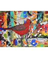 Painting Cardinal Original Signed Realism Bird Abstract Nature Scenery L... - $36.25