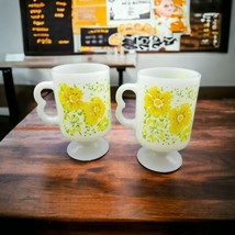 Correlle Cup Mug Set of 2 Yellow Floral Milk Glass Flowers Footed Finger... - $11.30