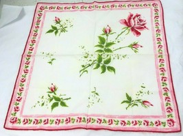 Vintage Hankie White Pink Printed Roses Flowers  13.5 x 14 Handkerchief  - £12.99 GBP