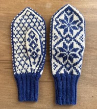 Handmade Mittens Fair Isle Knit Vintage Blue White Adult S/M - £22.71 GBP