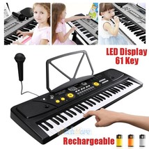 Electric Digital Lcd Music Keyboard - Portable 61 Key Piano Organ W/ Mic &amp; Stand - £83.92 GBP