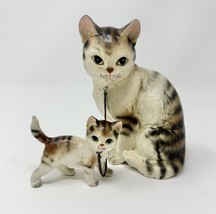 Vintage Porcelain Mama Kitty Cat And Kitten on Chain Figurine Norcrest 5”H - £22.42 GBP