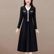 Autumn Winter Oversized V-neck Elegant Fashion Waist Black Dress Ladies ... - $59.99