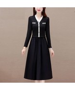 Autumn Winter Oversized V-neck Elegant Fashion Waist Black Dress Ladies Long Sle - $59.99