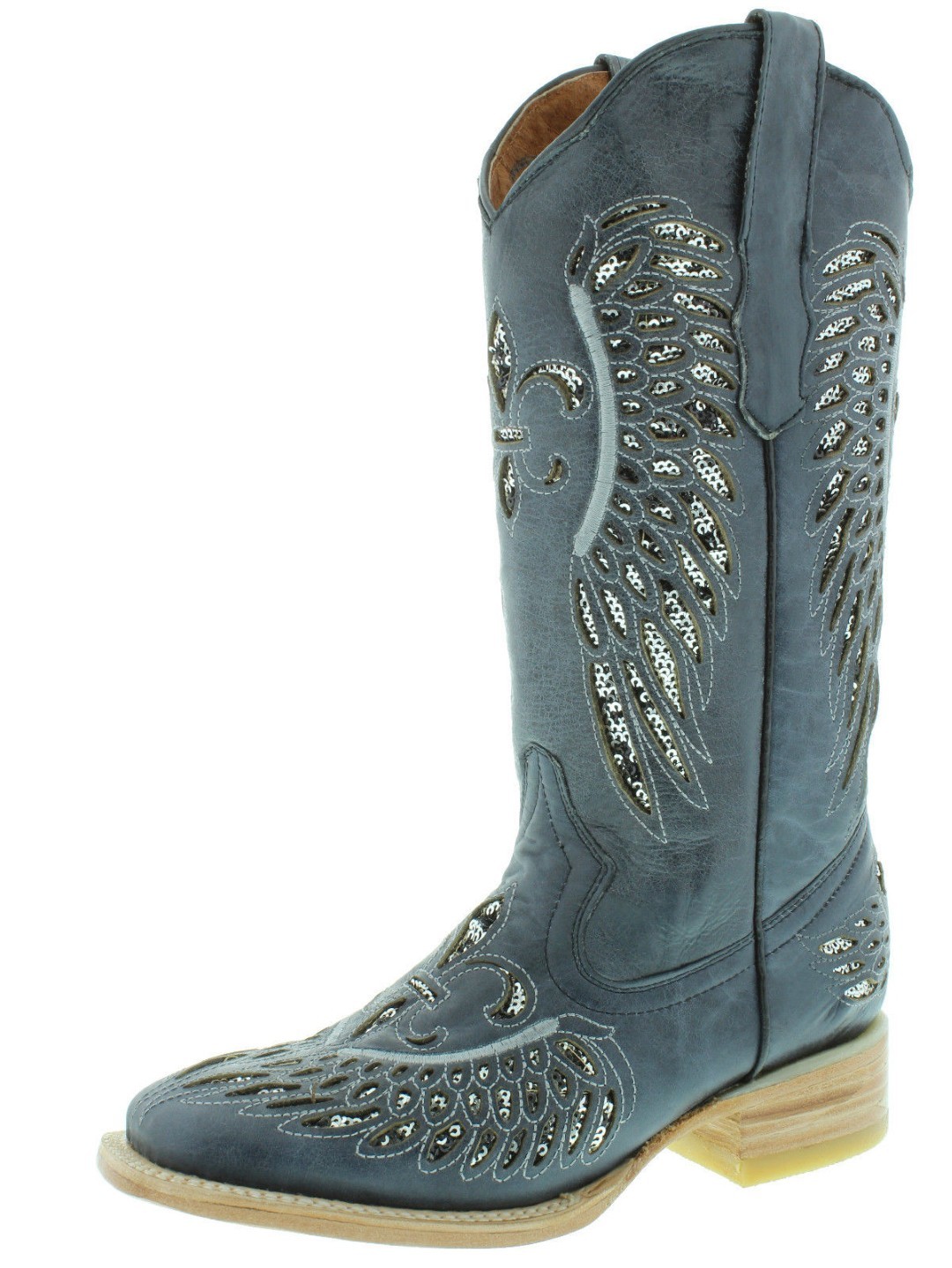 Womens Western Boots Denim Blue Leather Silver Sequins Fleur-De-Lis Wing... - $76.82