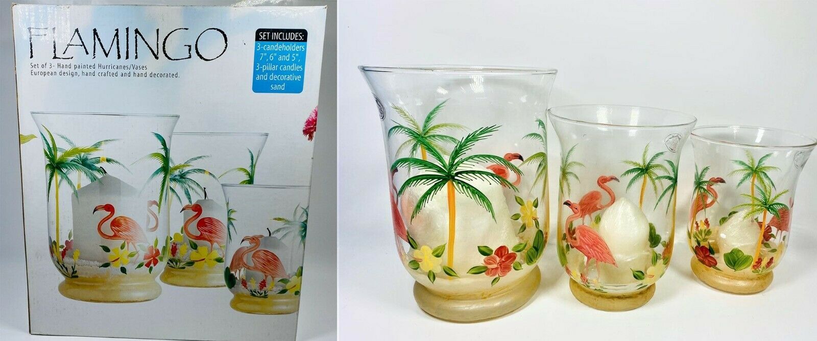 Set of 3 - Hand Painted Hurricanes/Vases European Design - Flamingo - $59.39