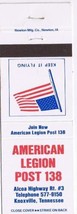 Military Matchbook Cover Knoxville Tennessee American Legion Post 138 - £1.54 GBP