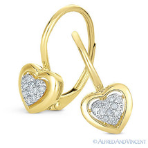 0.09ct Round Cut Diamond Dangling Heart Charm Leverback Earrings 14k Yellow Gold - £311.34 GBP