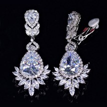 Aces luxury women wedding cz jewelry long big dangle water drop non pierced ear clip on thumb200