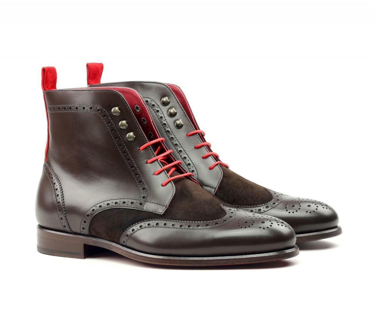 Two Tone Brown Brogue Toe Wing Tip Ankle Suede Leather Red Lace Up Boots US 7-16