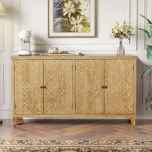59&quot; Brown Natural Wood 4-Door Accent Cabinet Buffet Console - $8,050.08 MXN