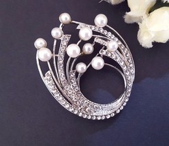 2 pc Faux White Pearl w/ Clear Rhinestone Brooch Pin 1-5/8&quot; / 4 cm width B94 - £9.58 GBP