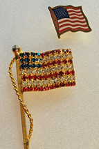 2 American Flag Fashion Brooch Tac Pin Gold-Tone Jewelry Vintage Collection - £15.89 GBP