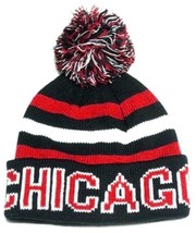 Chicago Blackhawks Classic Black POM Ball Knit Hat Cap Stripe Text Winter Beanie - £10.20 GBP