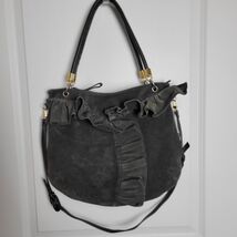 Felix Rey New York Grey Suede Leather Ruffle Gypsy Hobo Handbag Purse - $46.12 CAD