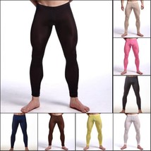 Men Transparent Silky Johns Long Warm Thermal Gym Yoga Thin Tight Pants - £8.48 GBP