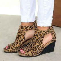 Women&#39;s Fish Mouth Leopard Print Ankle Strap Casual Platform Wedge Sandals - £50.80 GBP