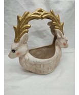 Vintage Gold And White Reindeer Ceramic Planter 8&quot; X 3 3/4&quot; 7 1/2&quot; - $23.75