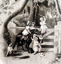 The Old Farm Cate Engraving 1859 Victorian Children Playing With Horse Art DWY5G - £55.93 GBP