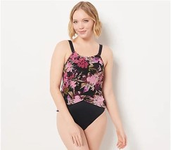 Denim &amp; Co. Beach Halter Neck Draped One-Piece (Black Floral, 16) A472289 - £14.88 GBP