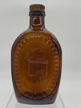 Vintage Log Cabin Syrup Bottle Bicentennial Amber Glass 1776 Cabin Plow Barrel - £8.12 GBP
