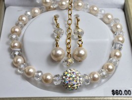 Mother of Pearl Gold Overlay Crystal Necklace Drop Earrings Set Box - £31.52 GBP