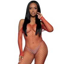 Fishnet Bodystocking Long Sleeves Off the Shoulder Sheer Stretch Red 2359 - £13.37 GBP+