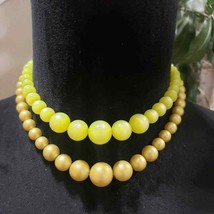 Vintage Two Strand Yellow Plastic Beaded Choker Necklace with Slide Lock Clasp - £22.38 GBP