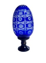 Vtg Czech Bohemian Style Cobalt Cut to Clear Glass Egg w/Metal Threaded Base 8&quot;H - £33.11 GBP