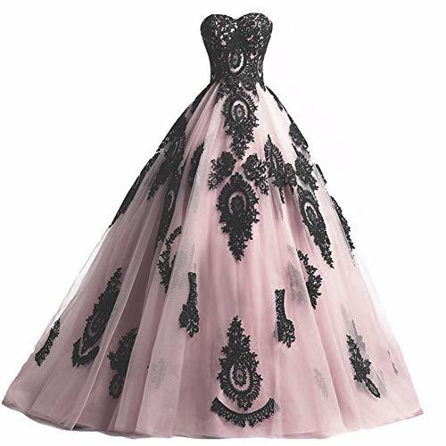 Custom Made Long Ball Gown Black Lace Gothic Tulle Evening Prom Dress Light Pink