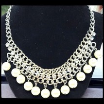 Signed Premier Designs Necklace Simulated Pearls Beads Clear Rhinestones  16&quot; + - £11.66 GBP